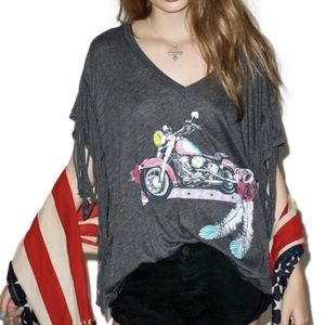 *NWOT WILDFOX Boho Motorcycle Fringe Short Sleeves Tee V Neck Relaxed Fit